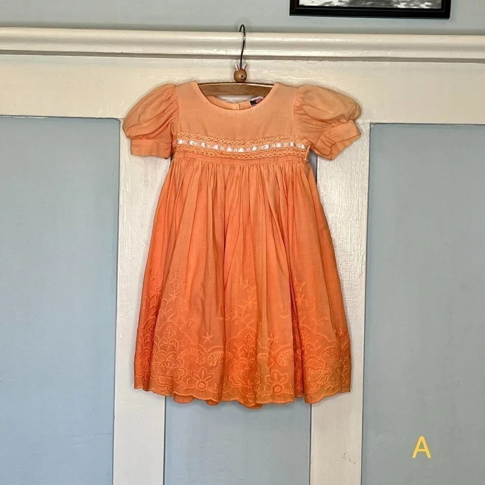 Custom Dyed Orange Ombre Dress Lace & Ribbon Trim With Wide Sash